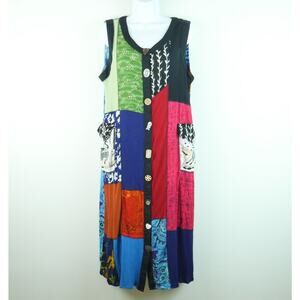La Cera Patchwork Novelty Button Midi Tank Dress L Rayon Boho Hippie Artsy Beach